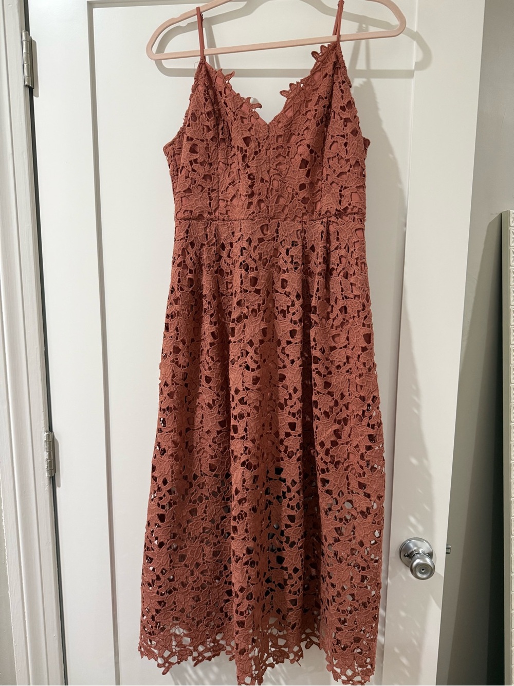 Astr Terracotta Crochet Lace Midi Dress with Spaghetti Straps